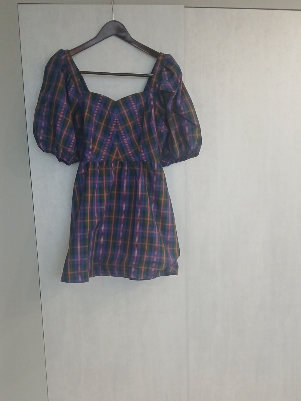 Plaid Puff-Sleeve  Dress - Navy & Purple